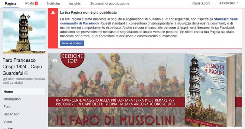 Pagina Facebook Faro Crispi bloccata
